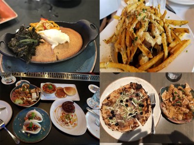 a bunch of different types of food on different plates including cheesy fries, pancakes, and pizza