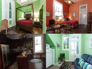 a view of four different rooms filled with furniture including beds, a tv and a couch