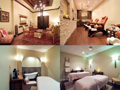 four different rooms of a spa including a room with a fireplace, one with two massage beds, and one with a bathtub