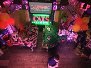 a top view of an area with two painted pianos and stage lighting