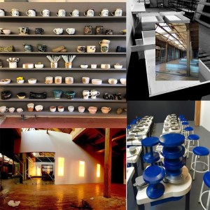 a wall of ceramic pieces and an empty room with a line of pottery wheels