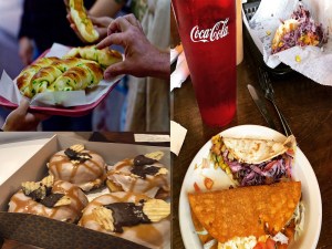 different foods including tacos and gourmet donuts