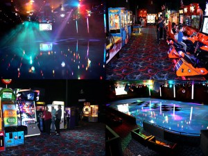 four snapshots of an arcade and a rollerskating rink