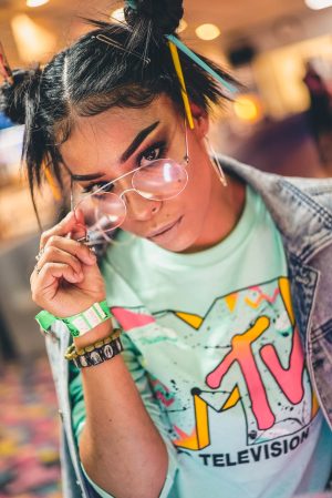 woman wearing mtv t-shirt