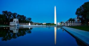 a view of the Washington Monument at dusk