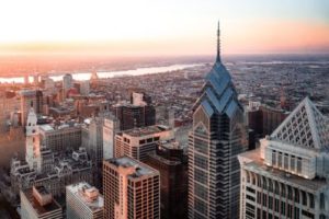 Downtown Philadelphia view at sunrise from the rooftop