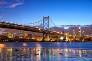 Philadelphia skyline and Ben Franklin Bridge at dusk