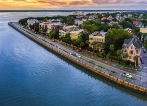 Charleston from the air with blue water