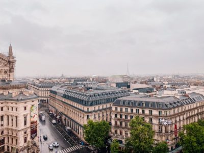 The Rooftop View from Galaries Lafeyette on a Rainy Day in Paris, France