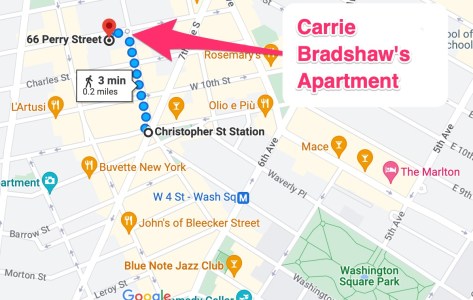 a map with a large pink arrow and blue dotted walking map to Carrie Bradshaw's apartment