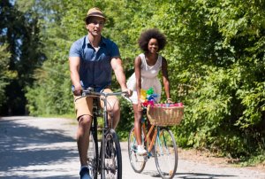 Two people going for a leisurely bike ride
