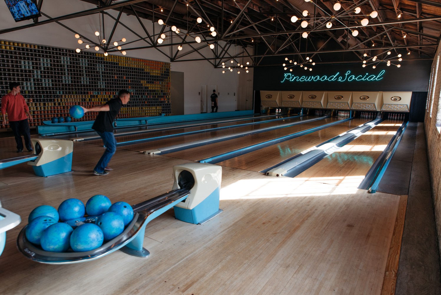 Pinewood Social in Nashville's bowling alley with bright blue balls