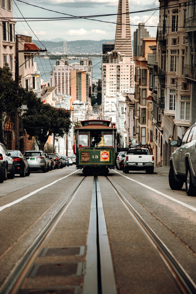 a close up of a street with a Cable Car in San Francisco