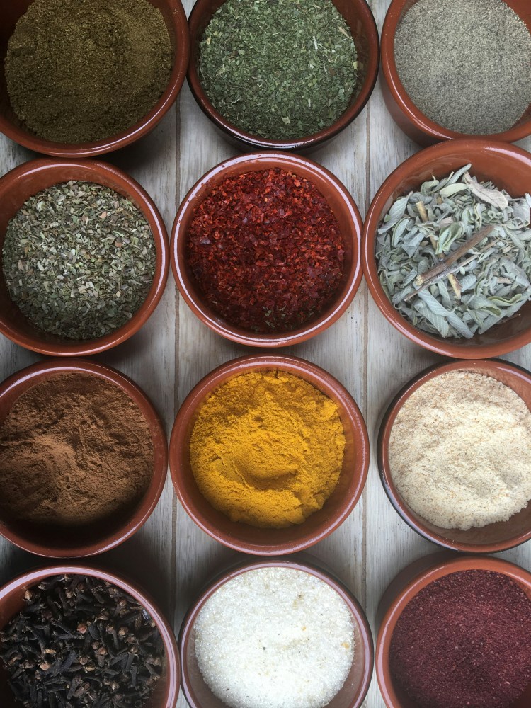 a close up of many different types of food on a table