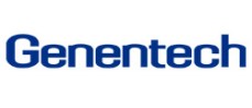 Blue text logo of the word 'Genentech' on a white background.