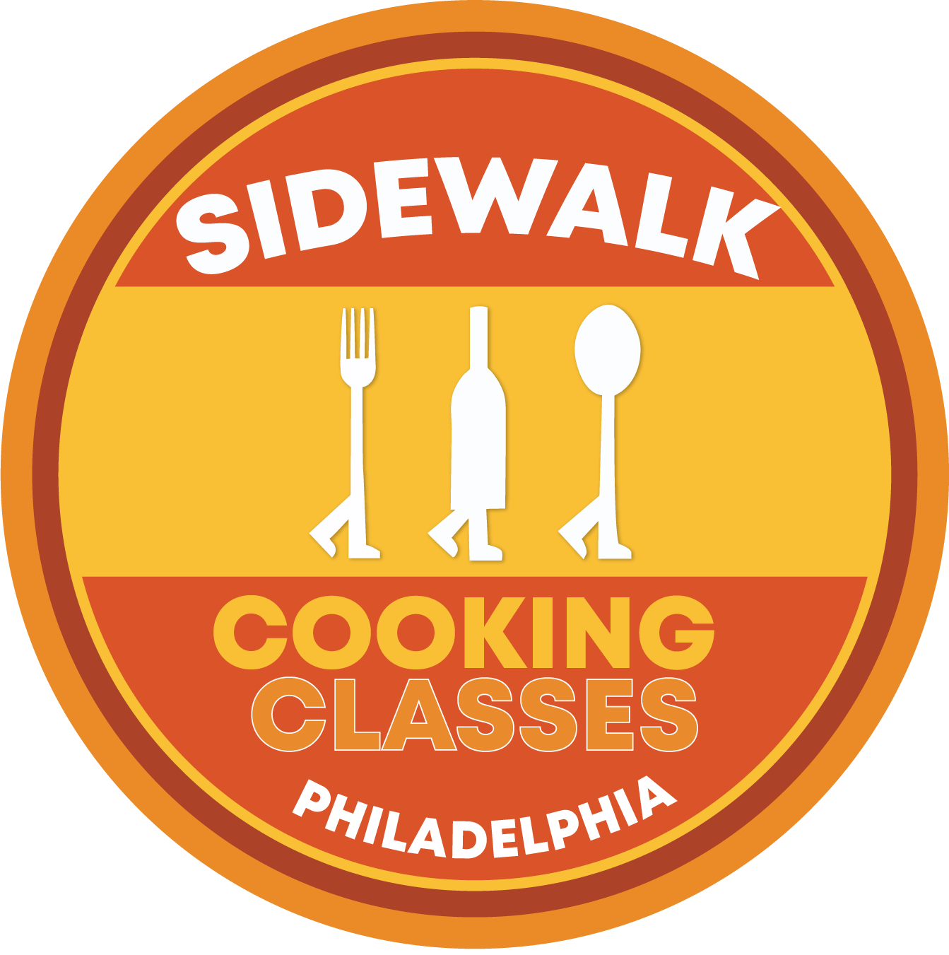 Round logo with 'Sidewalk Cooking Classes Philadelphia' and utensil icons.