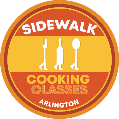 Logo with utensils walking, text: Sidewalk Cooking Classes Arlington.