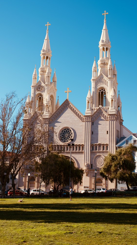 Two-towered church with crosses, large rose window, trees, and grass under a clear blue sky.